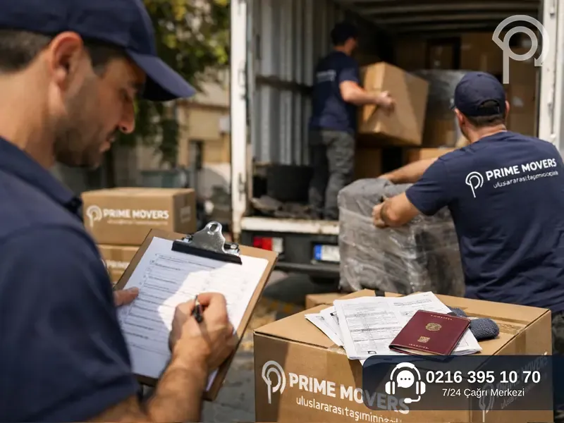 Uluslararası evden eve nakliyat sürecinde evrak kontrolü yapan profesyonel taşıma ekibi.