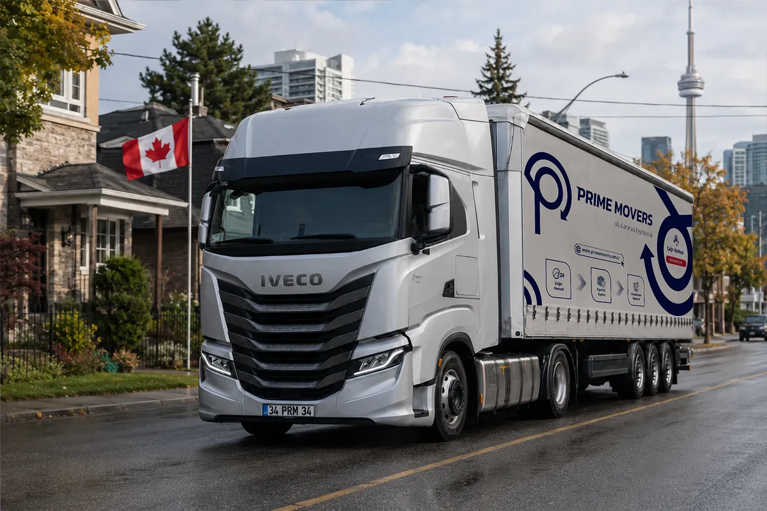 Türkiye’den Kanada’ya ev taşıma hizmeti için Kanada sokaklarında ilerleyen Prime Movers nakliye aracı