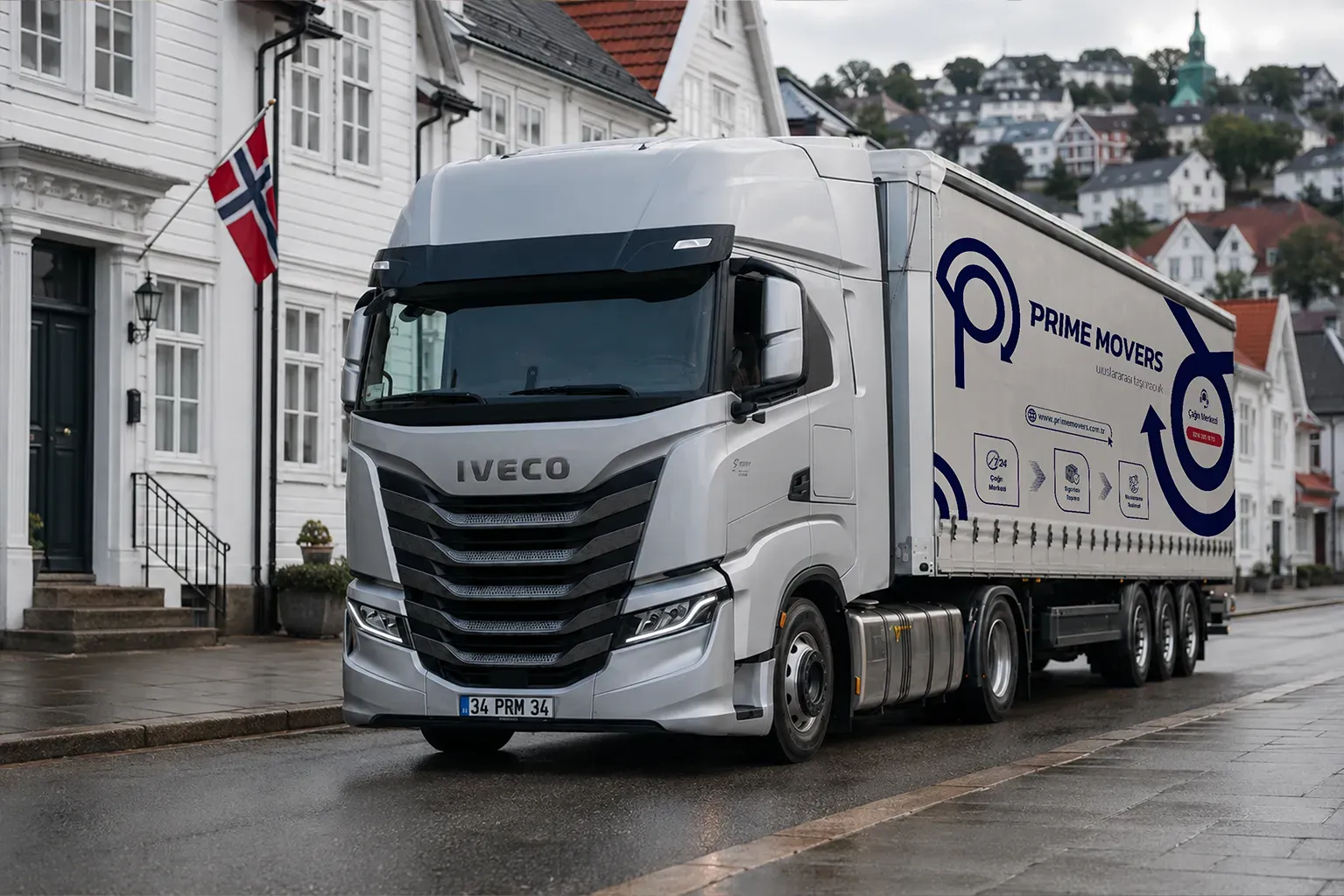 Türkiye’den Norveç’e ev taşıma hizmeti için Norveç sokaklarında ilerleyen Prime Movers nakliye aracı